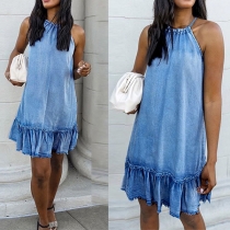 Sexy Off-shoulder Ruffle Hem Sling Denim Dress