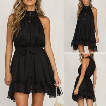 Sexy Off-shoulder Mock Neck Ruffle Hem Solid Color Dress