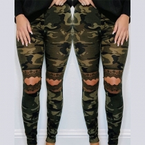 Sexy Hollow Out Lace Spliced High Waist Slim Fit Camouflage Printed Pants