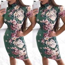 Fashion Short Sleeve Mock Neck Slim Fit Printed Dress