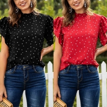 Sweet Style Lotus Sleeve Stand Collar Dots Printed Blouse