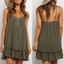 Sexy Backless V-neck Ruffle Hem Solid Color Sling Dress