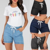 Fashion Elastic Drawstring Waist Denim Shorts