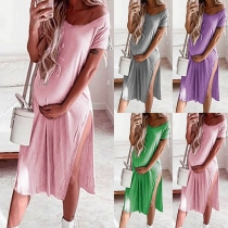 Fashion Solid Color Short Sleeve V-neck Slit Hem Maternity Dress