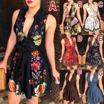 OL Style Sleeveless POLO Collar High Waist Printed Shirt Dress