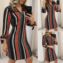 OL Style 3/4 Sleeve V-neck Hollow Out Striped Dress