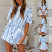 Fashion Short Sleeve Round Neck Striped T-shirt + Shorts two-piece Set