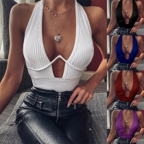 Sexy Backless Deep V-neck Solid Color Halter Top