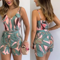 Sexy Backless V-neck High Waist Slim Fit Sling Printed Romper