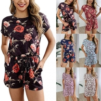Fashion Short Sleeve Round Neck Drawstring Waist Printed Romper