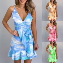 Sexy Backless V-neck Ruffle Hem Tie-dye Printed Sling Dress