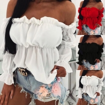 Sexy Off-shoulder Boat Neck Long Sleeve Solid Color Blouse