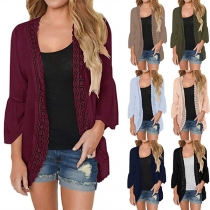 Fashion Solid Color Long Sleeve Lace Spliced Chiffon Cardigan