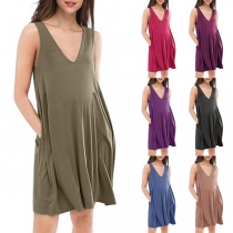 Simple Style Sleeveless V-neck Front-pocket Loose Tank Dress