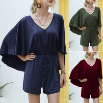 Fashion Dolman Sleeve V-neck Solid Color Romper
