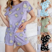 Fashion Daily Printed Short Sleeve T-shirt + Shorts Nightwear Set
