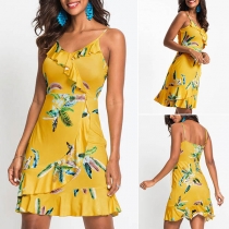 Sexy Backless V-neck Ruffle Hem Printed Sling Dress
