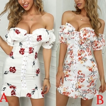 Sexy Off-shoulder Boat Neck Short Sleeve Ruffle Hem Slim Fit Printed Dress