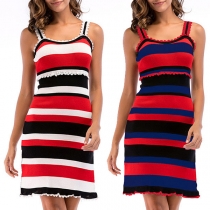 Sexy Backless Slit Hem Slim Fit Sling Striped Dress
