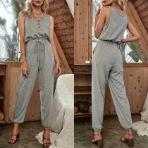Fashion Solid Color Sleeveless Round Neck High Waist Jumpsuit