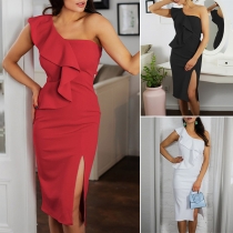 Sexy One-shoulder Slit Hem Sleeveless Solid Color Party Dress
