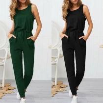 Fashion Solid Color Sleeveless Round Neck High Waist Jumpsuit