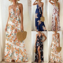 Sexy Backless V-neck Slit Hem Printed Sling Dress