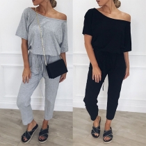 Fashion Solid Color Short Sleeve Boat Neck Drawstring Waist Jumpsuit