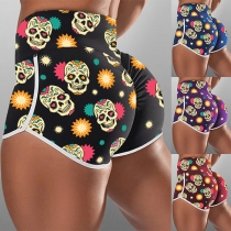 Fashion High Waist Skull Head Printed Sports Shorts