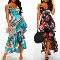 Sexy Backless V-neck Irregular Ruffle Hem Printed Sling Dress
