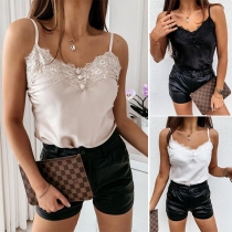 Sexy Backless V-neck Lace Spliced Solid Color Sling Top