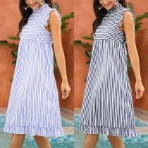 Fashion Sleeveless Ruffle Stand Collar Striped Dress