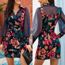Sexy Gauze Spliced Long Sleeve Slit Hem Slim Fit Printed Dress