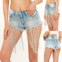 Fashion High Waist Rhinestone Tassel Spliced Denim Shorts