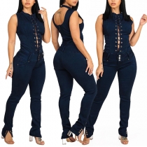 Sexy Lace-up Key-hole High Waist Slim Fit Denim Jumpsuit