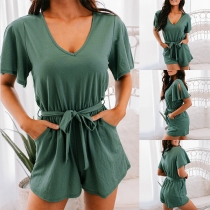 Fashion Solid Color Short Sleeve V-neck Romper with Waist Strap