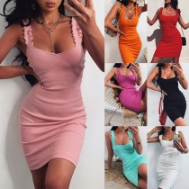 Sexy Backless Square Collar Solid Color Slim Fit Sling Knit Dress