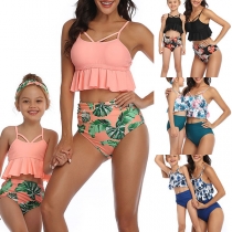Sexy High Waist Ruffle Hem Printed Parent-child Bikini Set