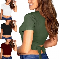 Sexy Lace-up Hem Short Sleeve Round Neck Solid Color Crop Top