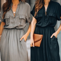 Fashion Solid Color Short Sleeve V-neck Shirt Dress