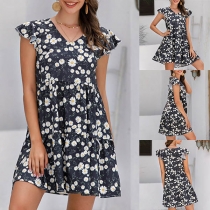 Fresh Style Lotus Sleeve V-neck Daisy Printed Dress