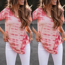 Fashion Short Sleeve V-neck Tie-dye Printed T-shirt