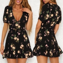 Sexy V-neck Short Sleeve Ruffle Hem Printed Dress