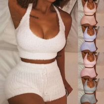 Sexy V-neck Plush Crop Top + High Waist Shorts Two-piece Set