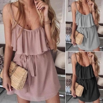 Sexy Backless Solid Color Ruffle Sling Dress