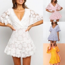 Sexy V-neck Trumpet Sleeve Slim Fit Lace Dress