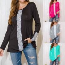 Fashion Lace Spliced Long Sleeve Round Neck T-shirt