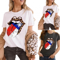 Fashion Short Sleeve Round Neck Lip Printed T-shirt