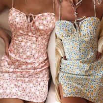 Sexy Backless Lace-up V-neck Slit Hem Slim Fit Printed Sling Dress