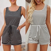 Fashion Sleeveless Round Neck High Waist Striped Romper